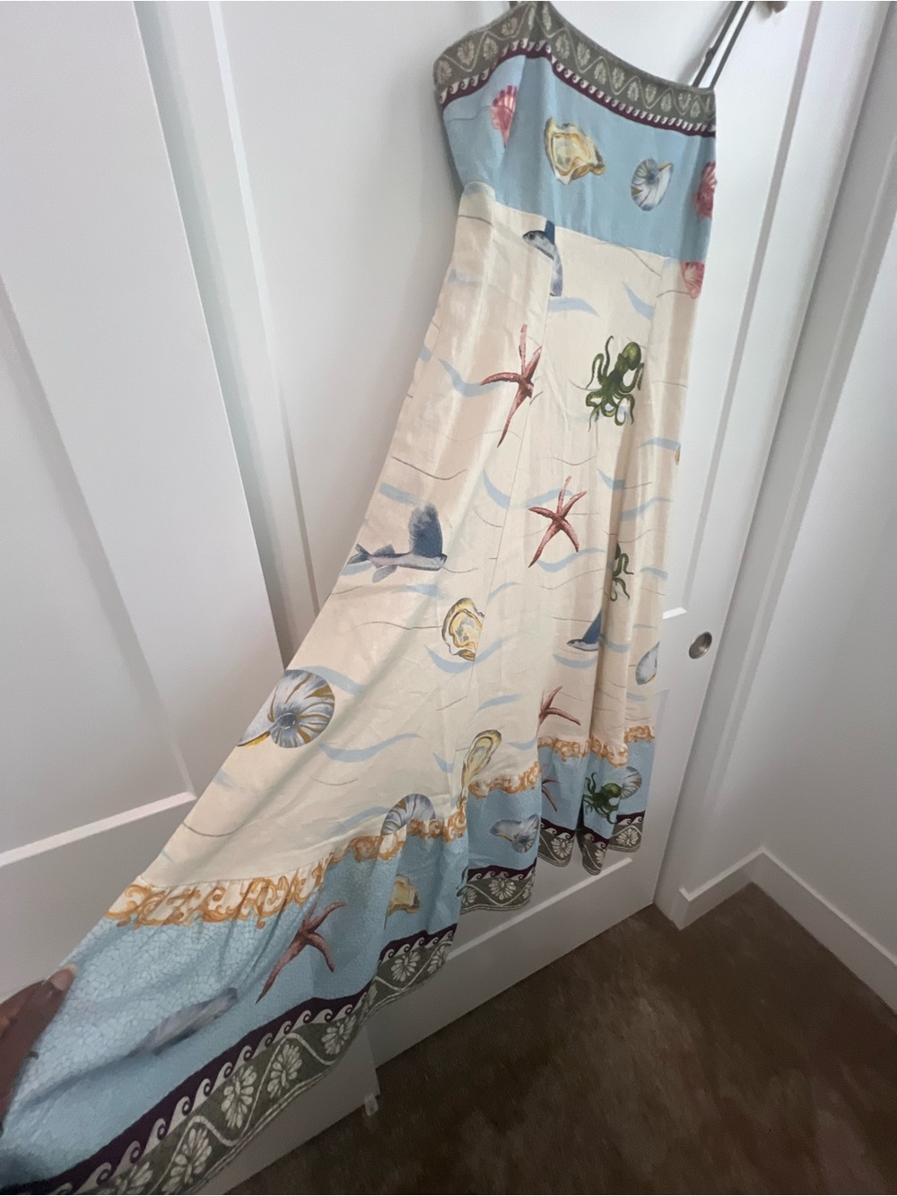 Caroline Constas Seaside Shell Print Maxi Dress Coastal Ocean Motif Smocked S - Picture 6 of 10